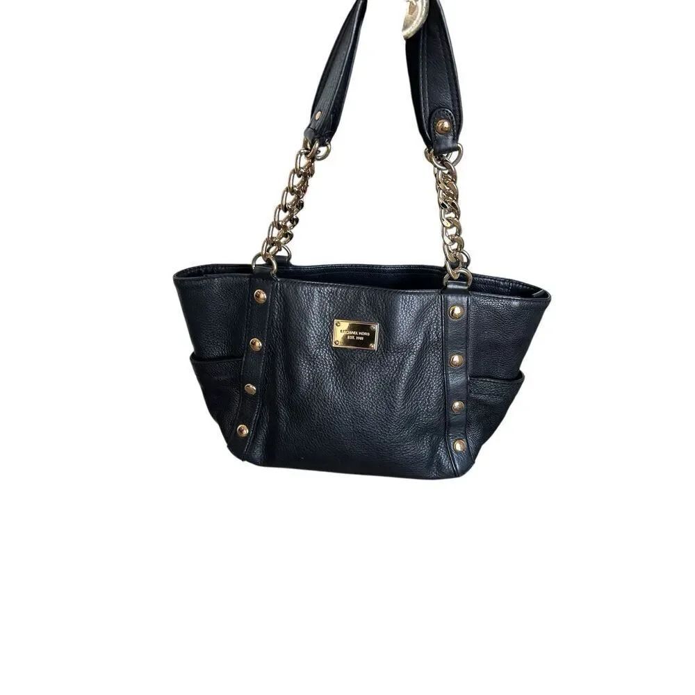Michael Kors Delancy Shoulder Tote Bag Black Gold Pebbled Leather